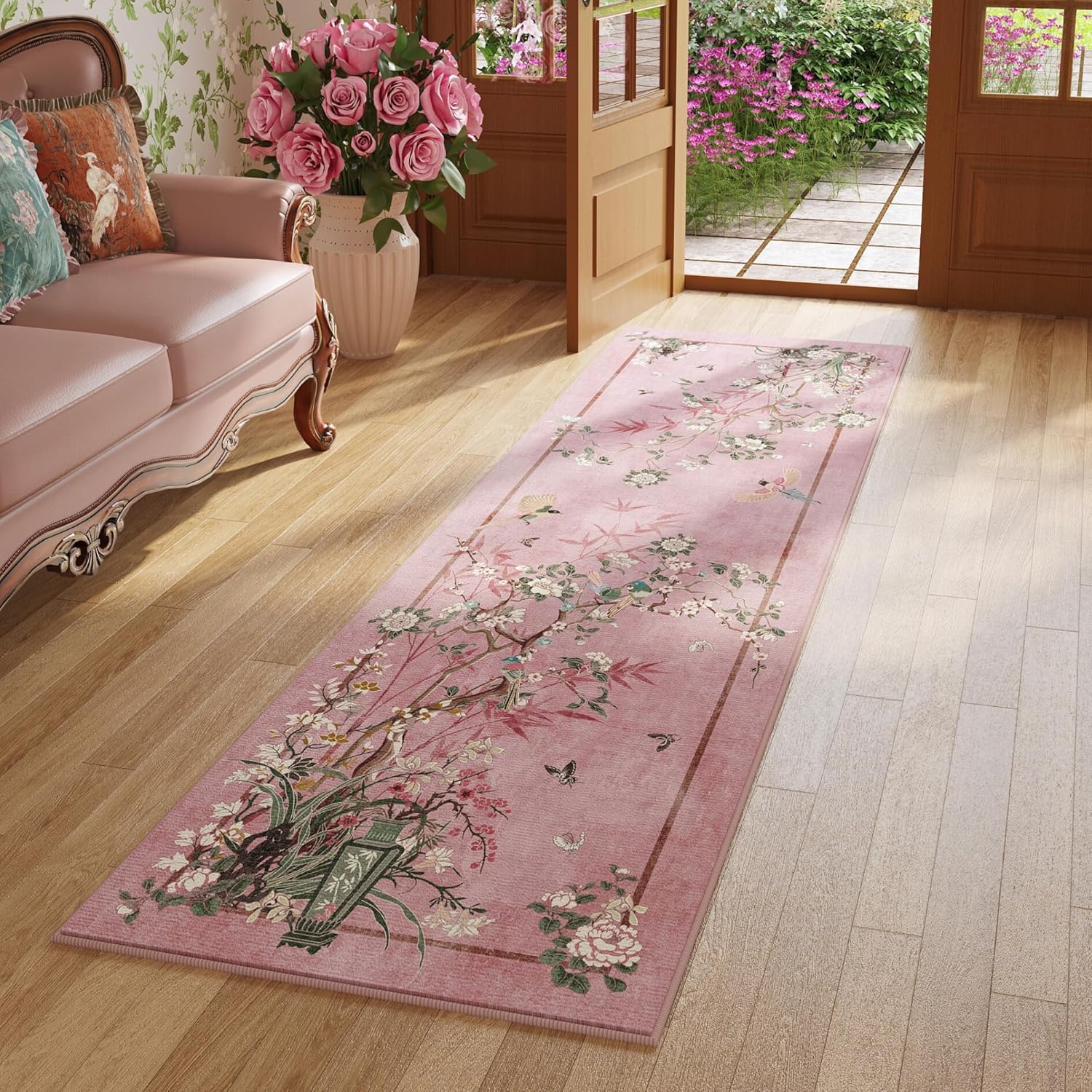 Chinoiserie-Style Floral Runner Rug for Vintage Home Decor