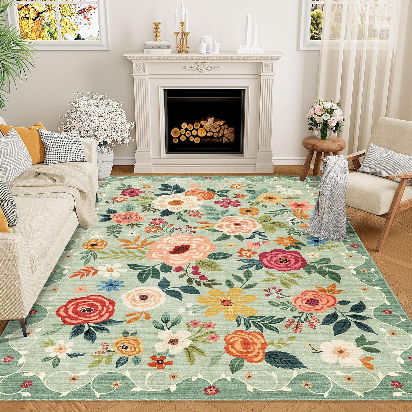 DUKINO 8x10 Area Rug - Floral Non Slip Washable Boho Design