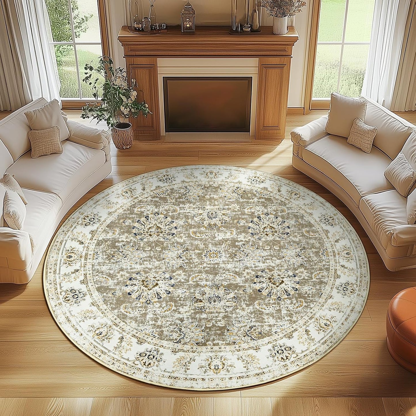 Round Vintage Floral Area Rug 7ft for Living Room & Dining Room