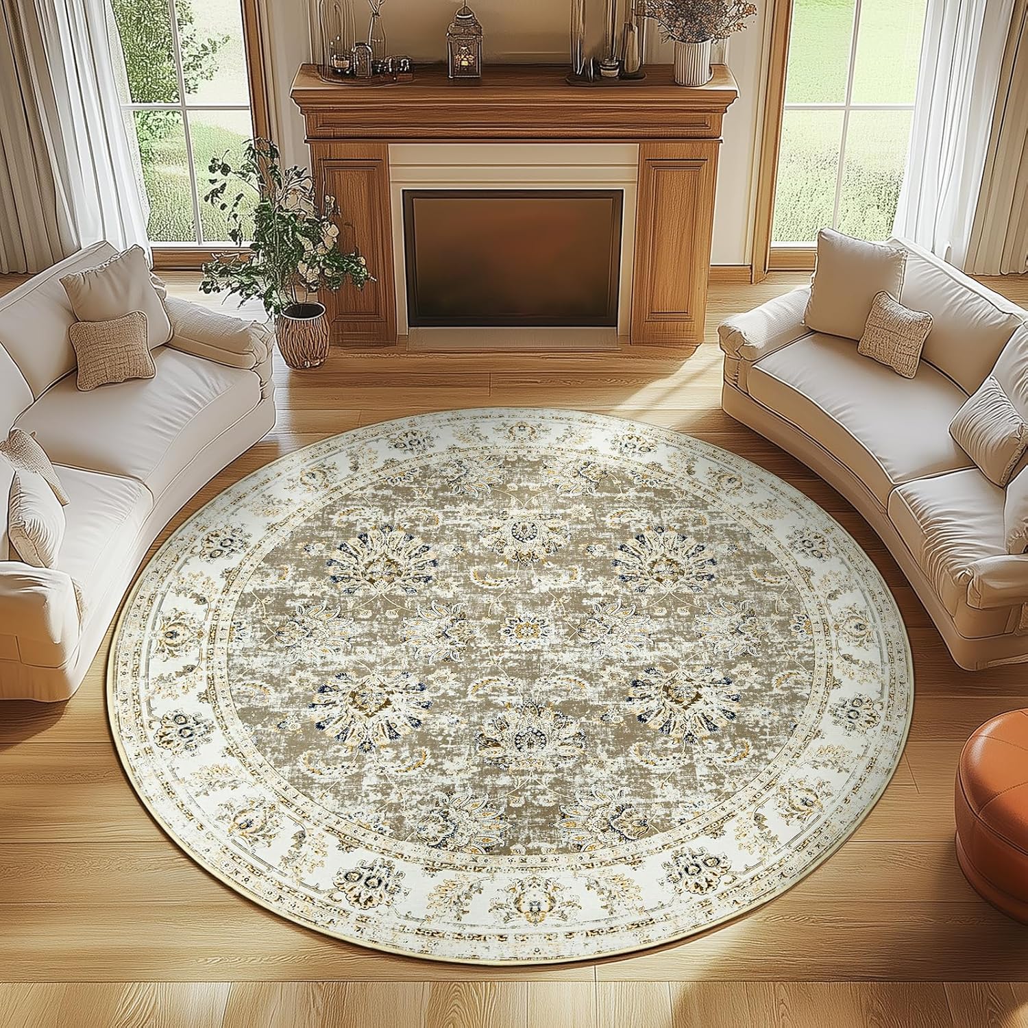 Round Vintage Floral Area Rug 7ft for Living Room & Dining Room