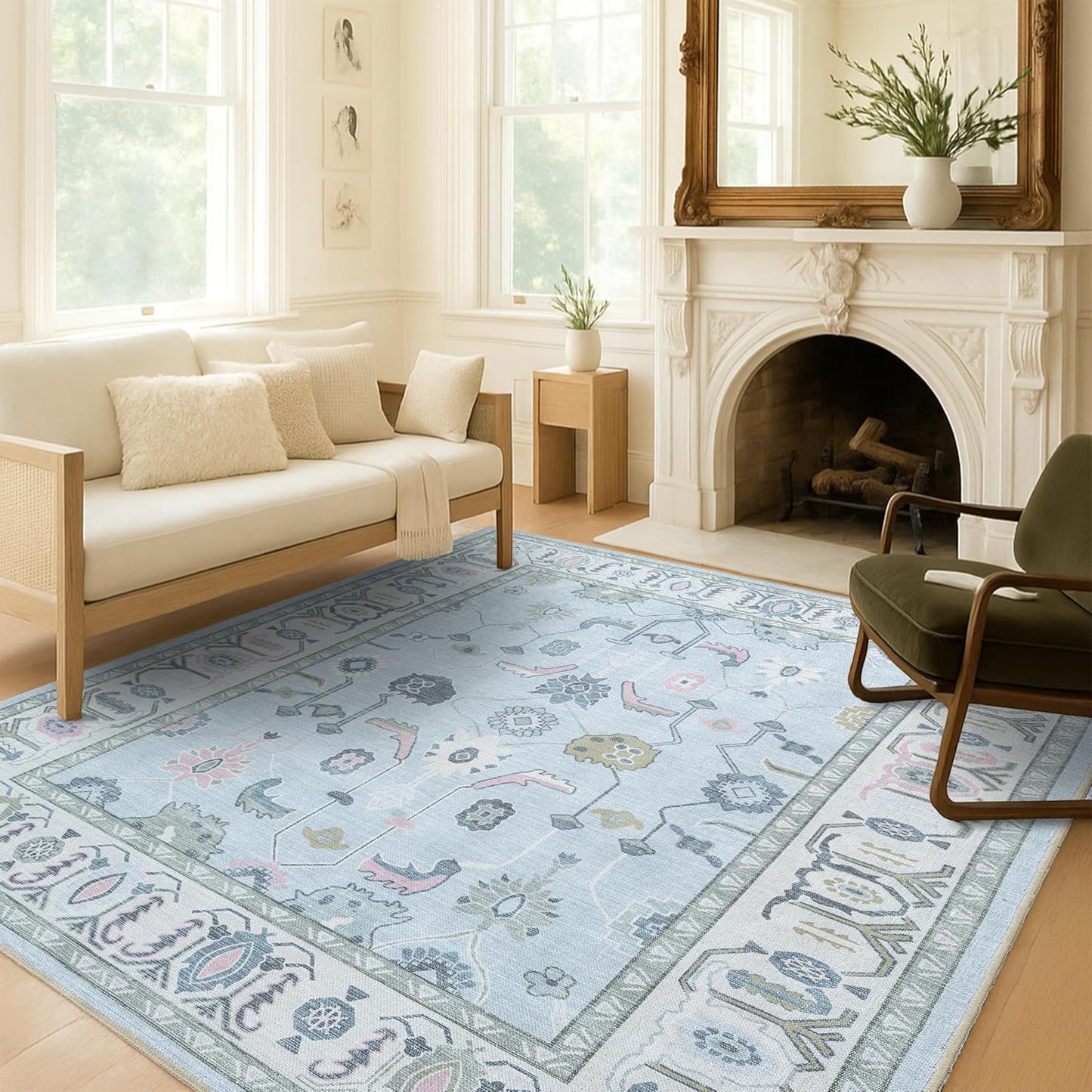 Cream Blue Oushak Rug - Modern Vintage Turkish Floral Design