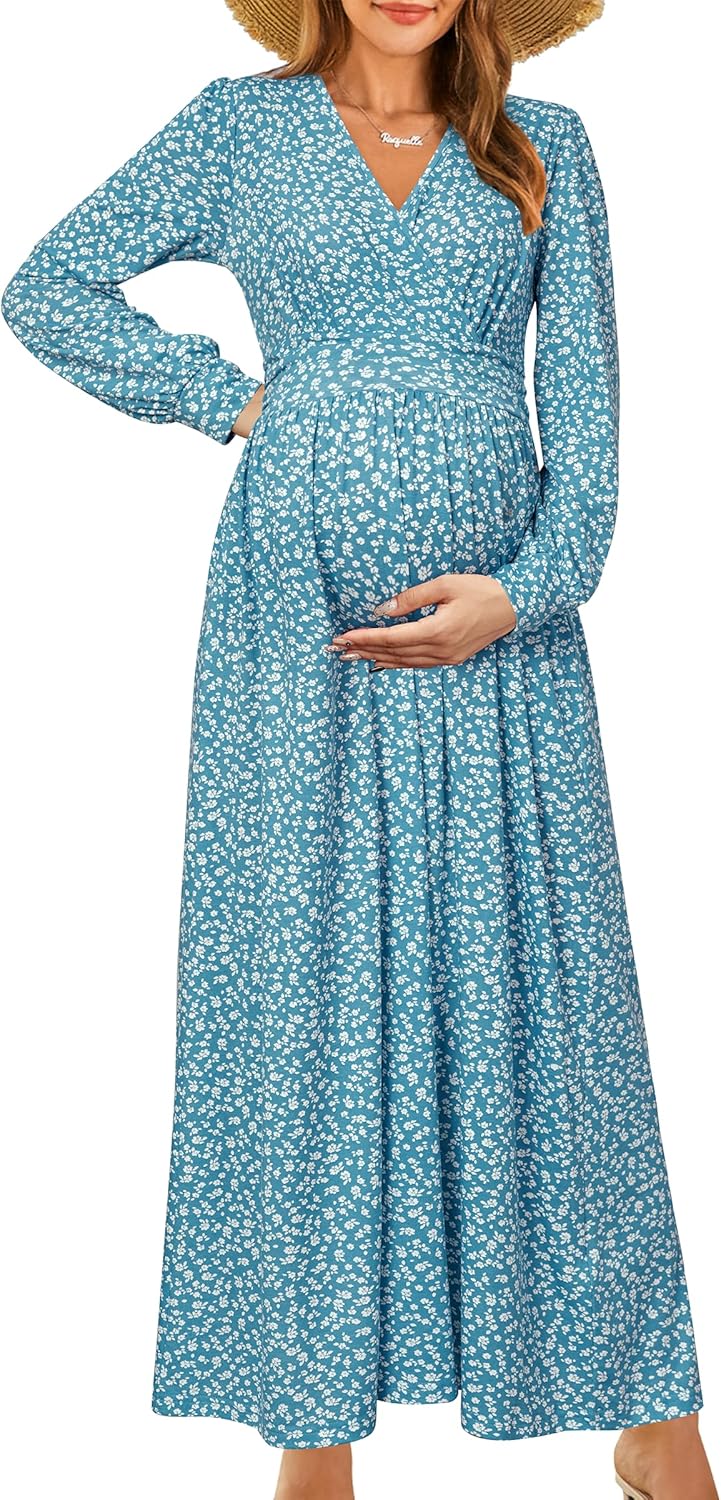 OUGES Fall Maternity Maxi Dress for Baby Shower and Photoshoot