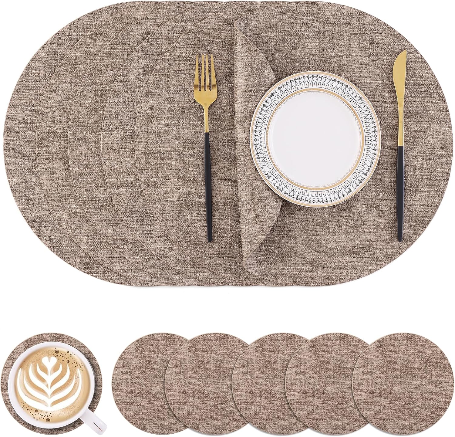 Homaxy Round Faux Leather Placemats and Coasters Set of 6