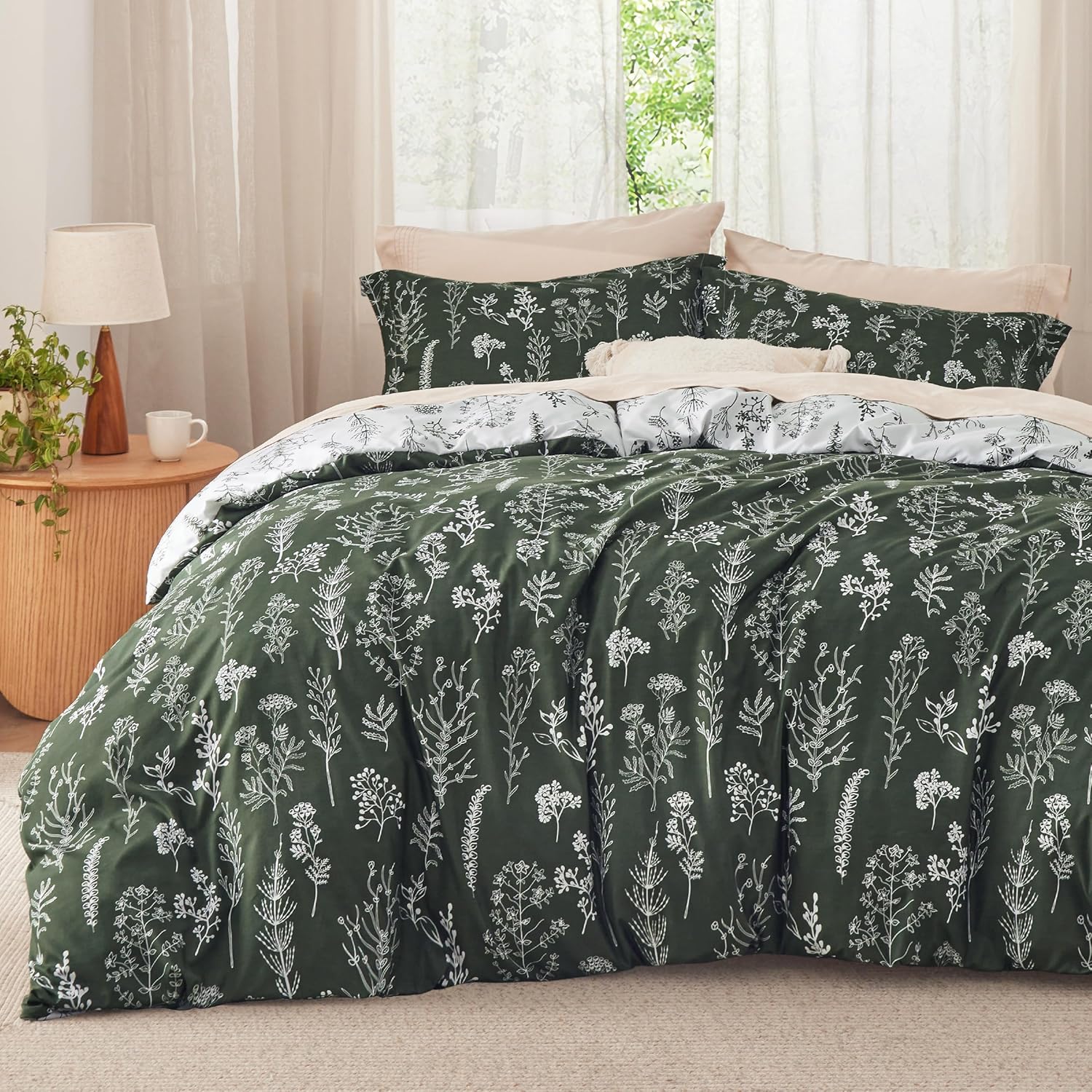 Bedsure King Comforter Set - Dark Olive Green Floral Bedding