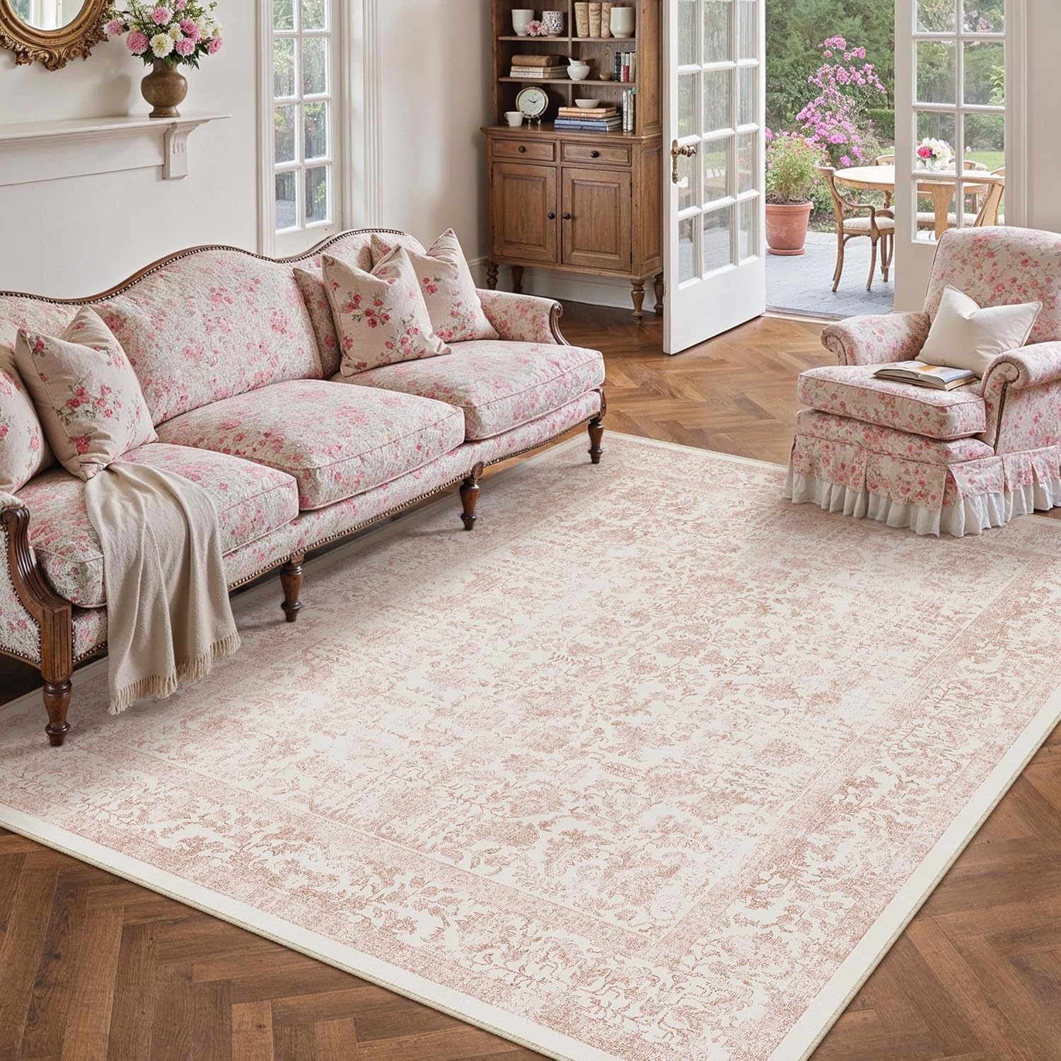 Pink Area Rug 5x8 Machine Washable Vintage Living Room Carpet