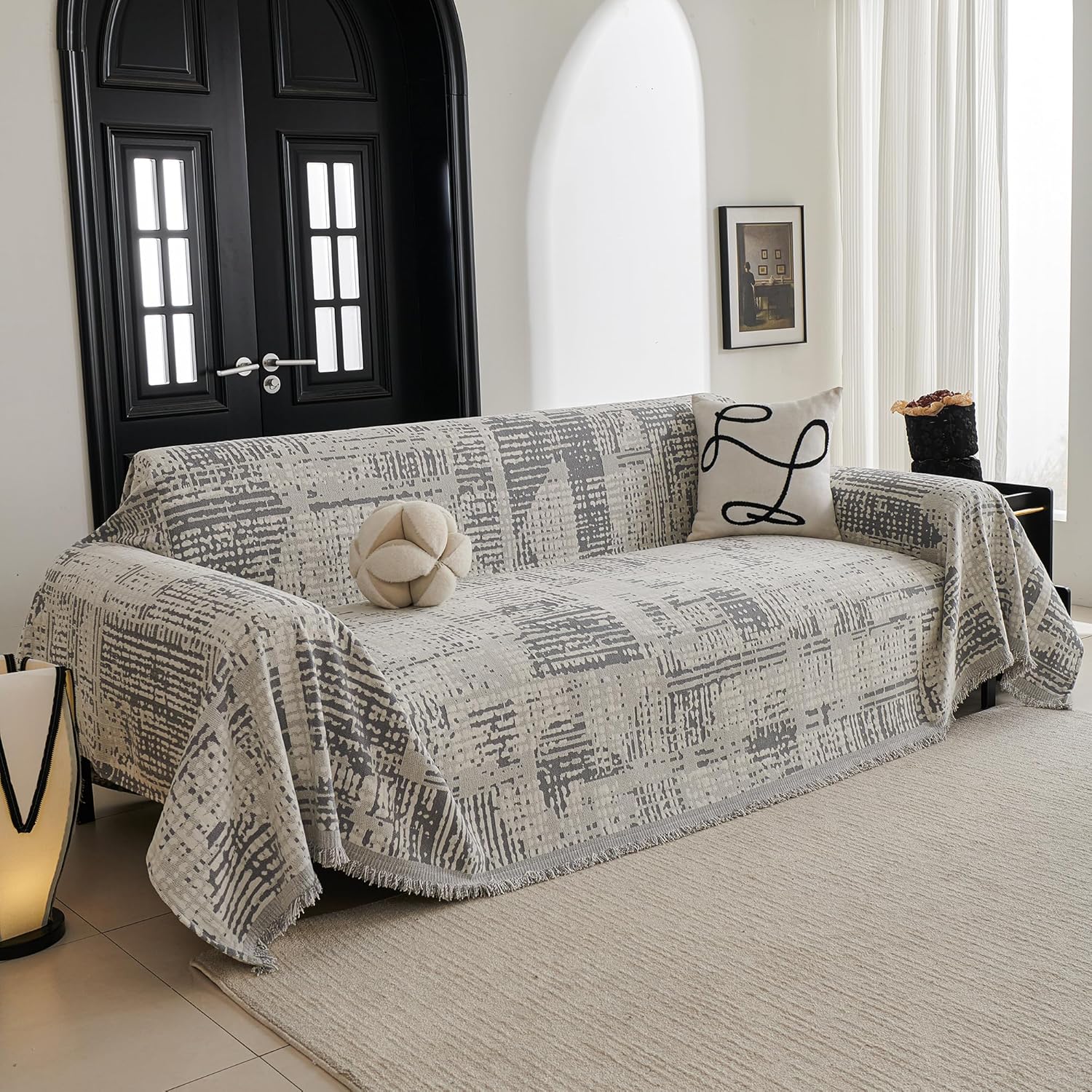 MYSKY HOME Boho Sofa Covers for 2 Cushion Couch, Light Grey