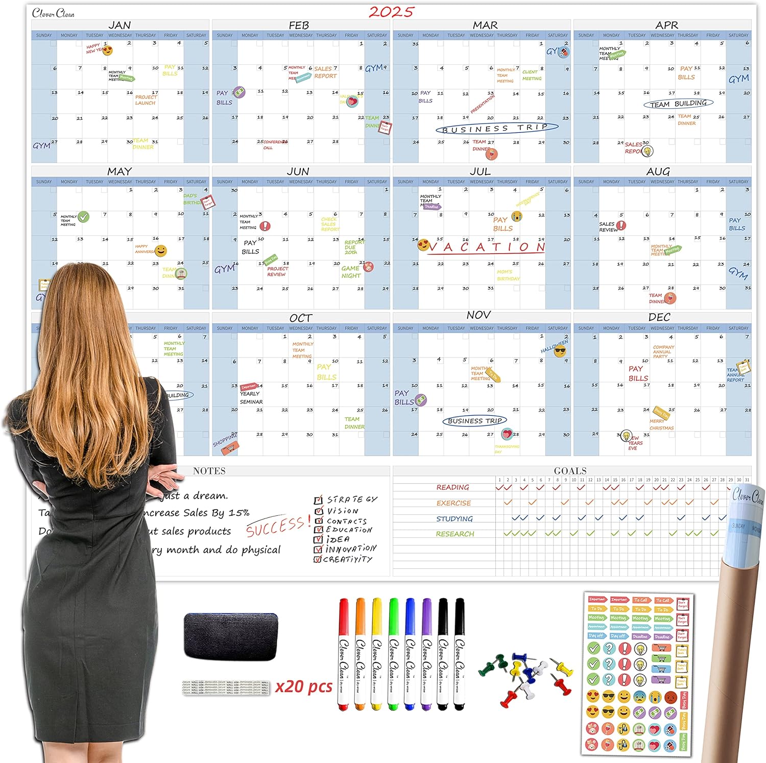 CLEVER CLEAN Large Dry Erase Wall Calendar for Easy Planning