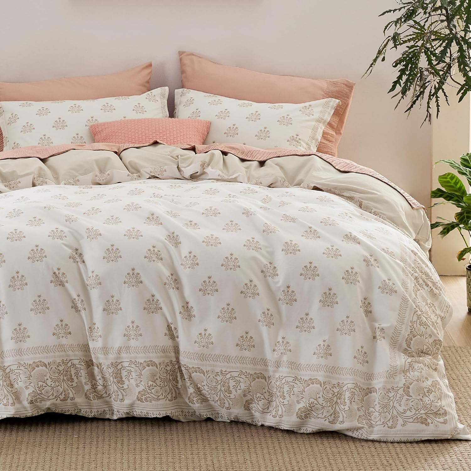 Boho Floral King Duvet Cover Set - 100% Cotton Soft Bedding