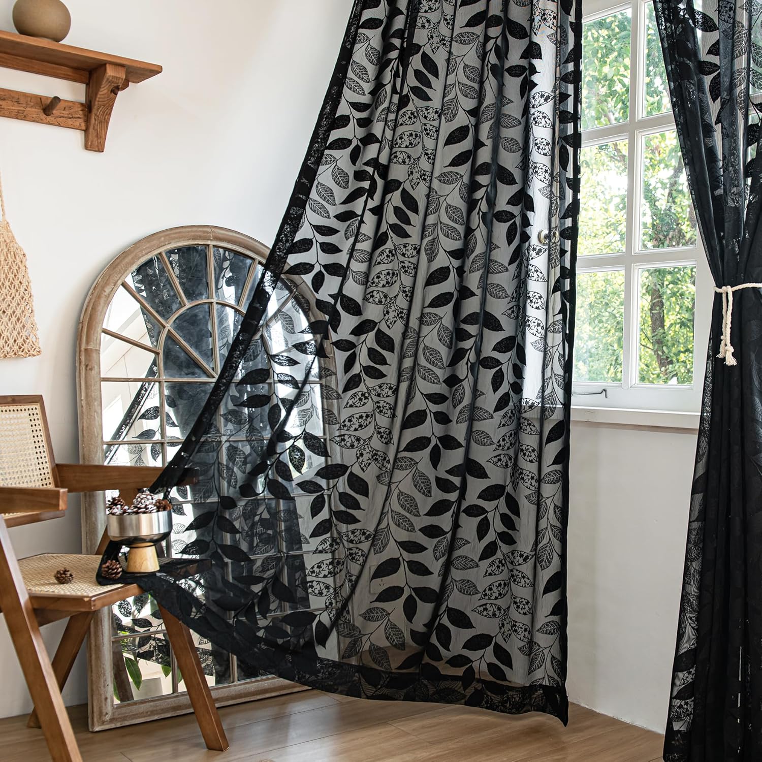 Elegant Black Lace Sheer Curtains for Bedroom and Living Room