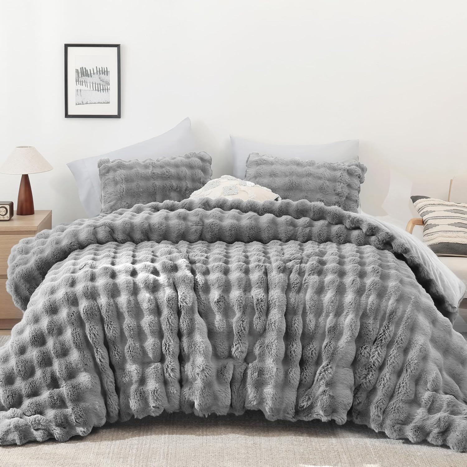 YIKUSH Light Gray Comforter Set Full - Ultra Soft Faux Fur