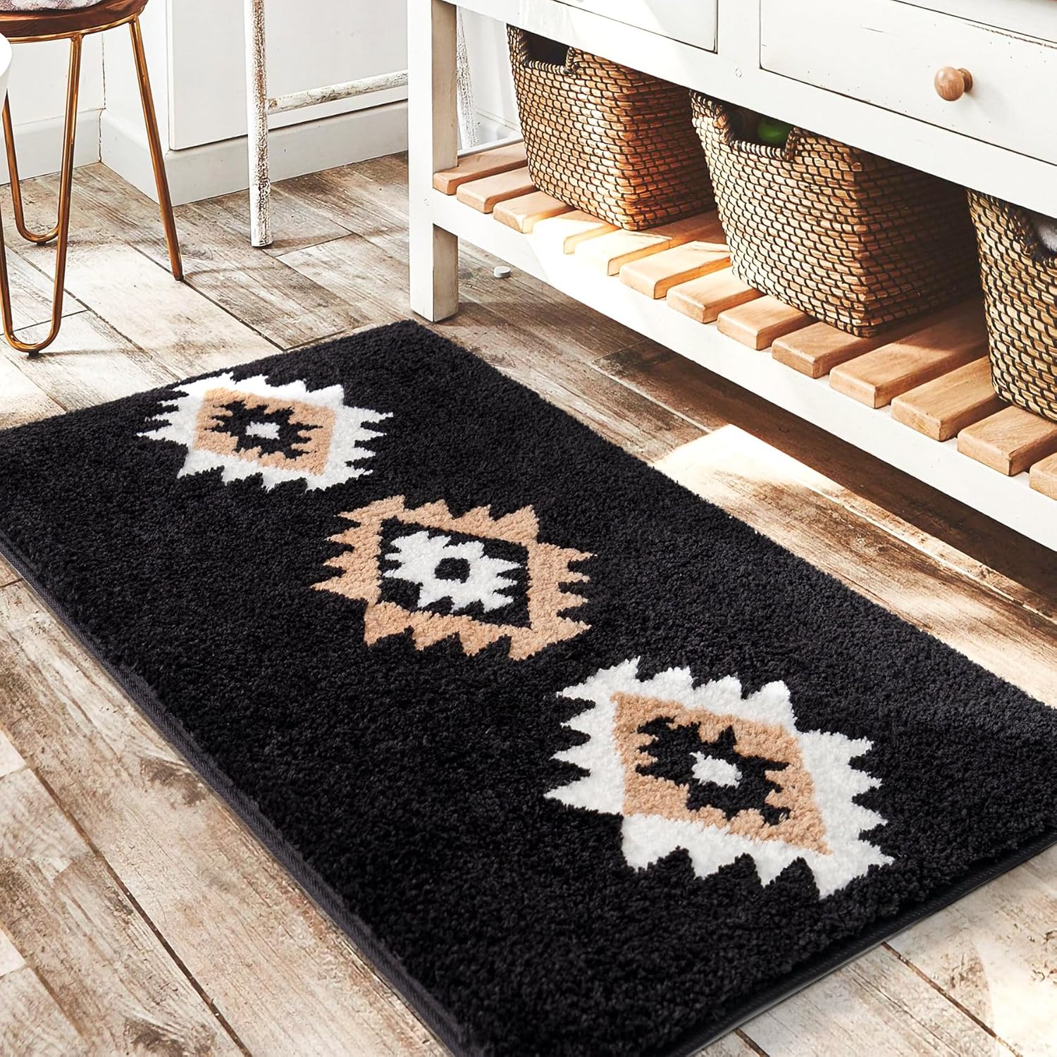Luxurious DEXDE Bathroom Rugs 24x36 Black Boho Aztec Mat