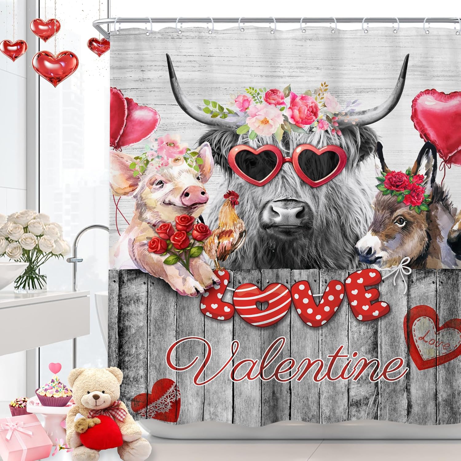 Farmhouse Heart Shower Curtain Set - Funny Highland Cow Design