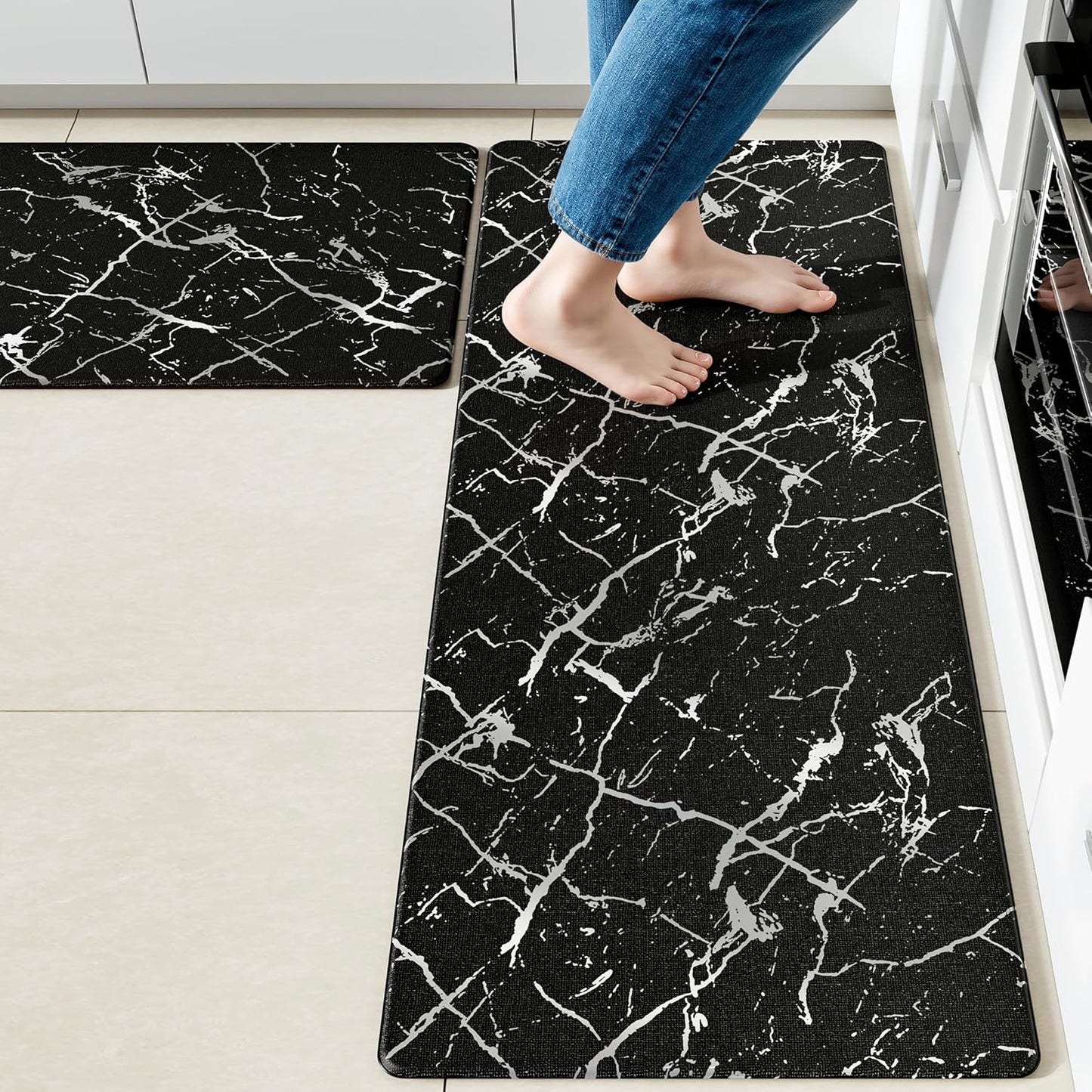 Elegant Silver Foil Stamped Marble Kitchen Mats for Comfort
