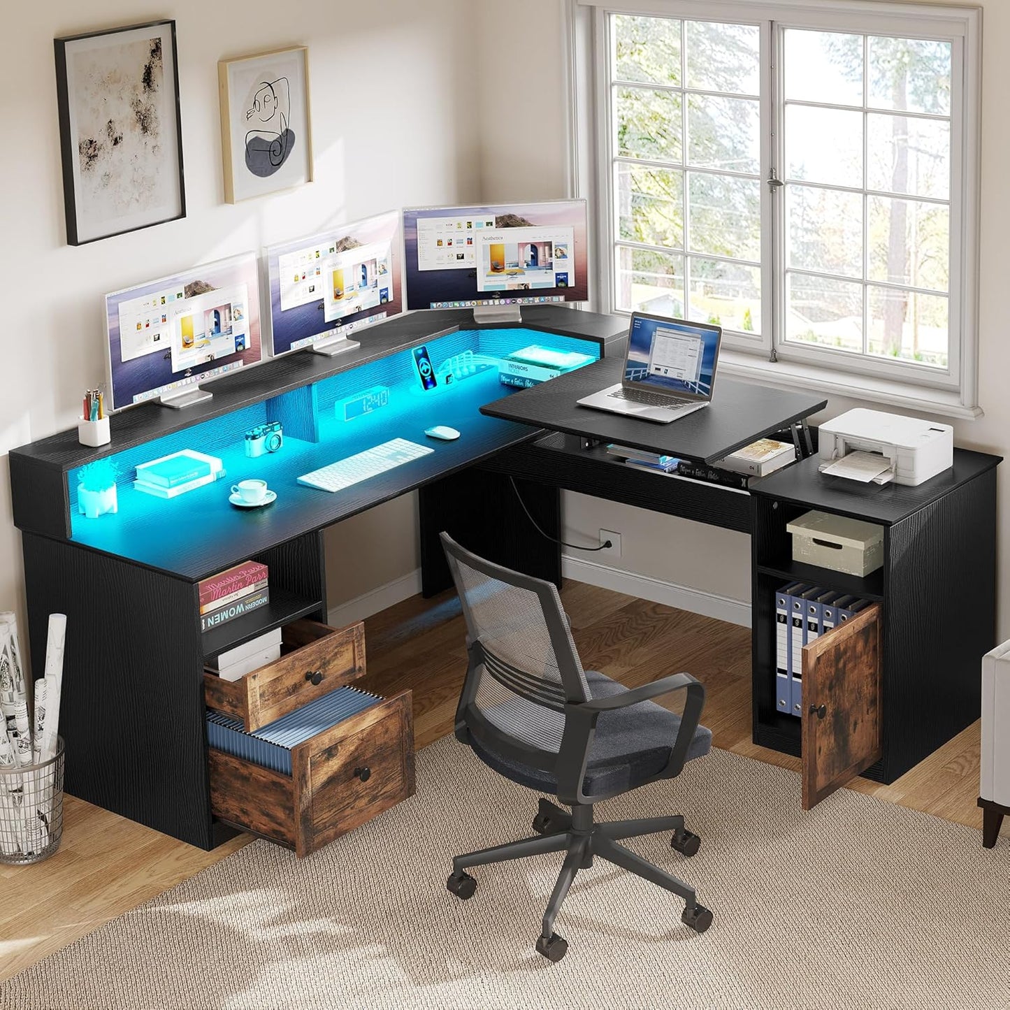 YITAHOME L-Shaped Desk with Power Outlets & LED Lights - Multi-Functional Home Office Essential