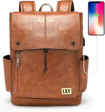 LXY Leather Laptop Backpack for Women with USB Charging Port