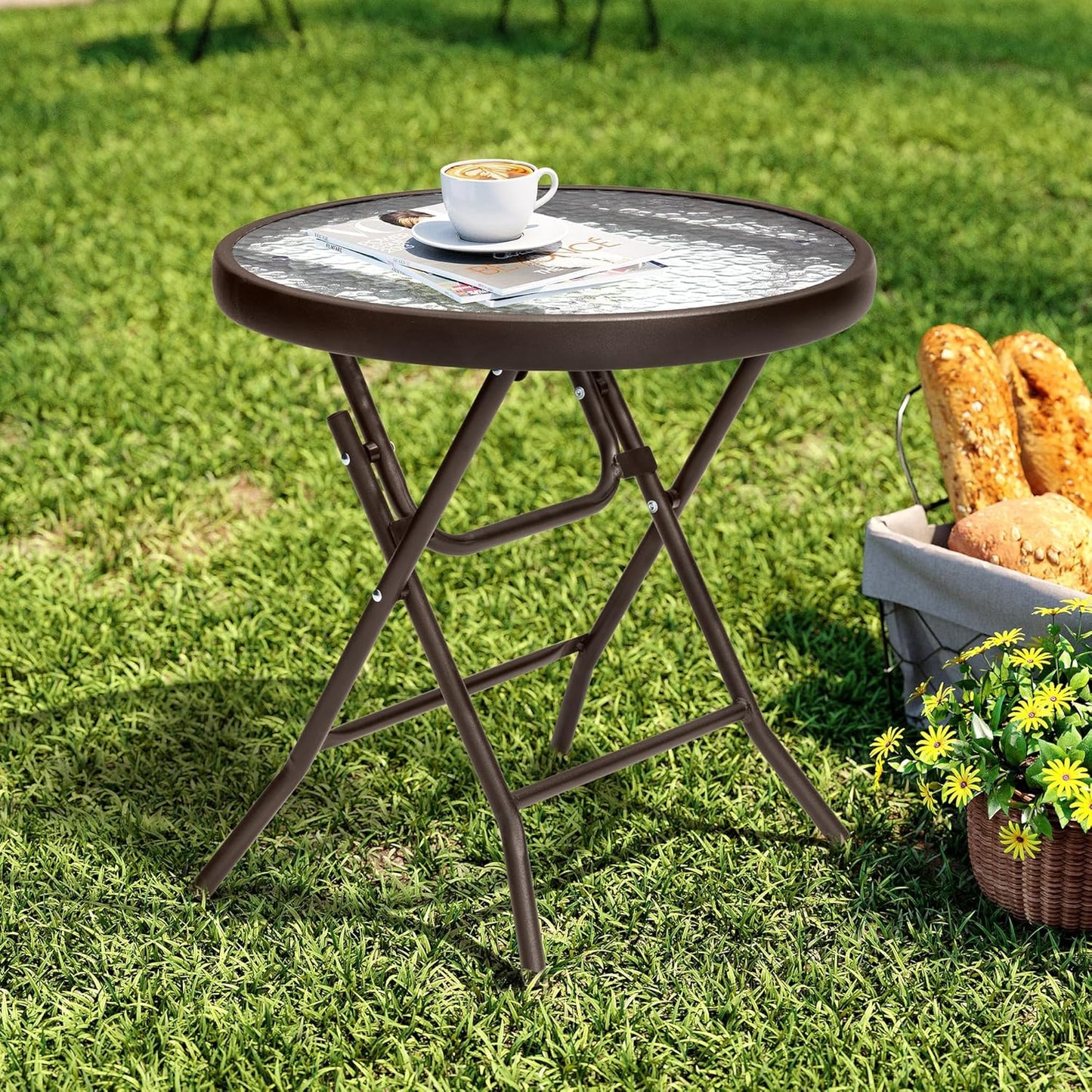 Foldable Side Table with Tempered Glass Top for Outdoor Use