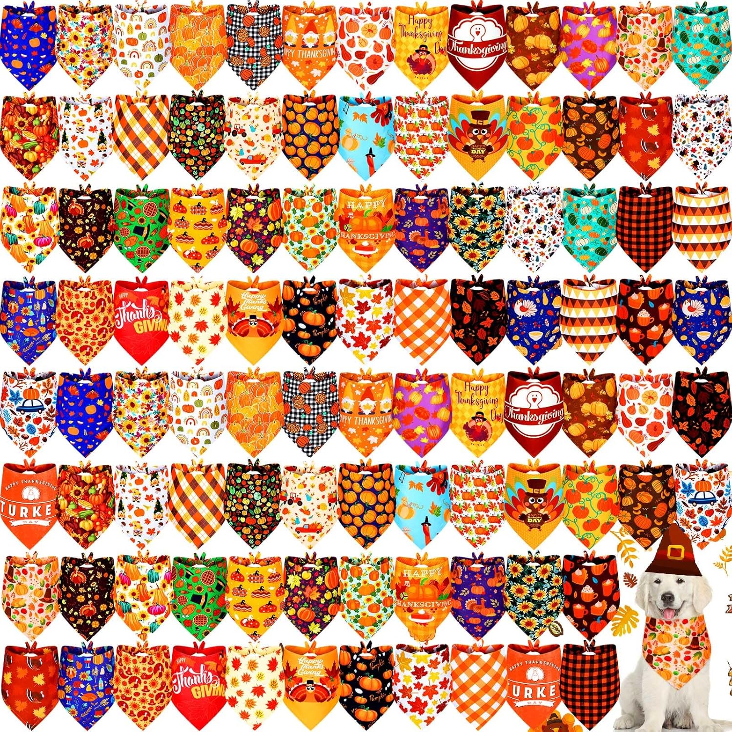 100 Pcs Fall Dog Bandanas for Large Dogs Thanksgiving Fun