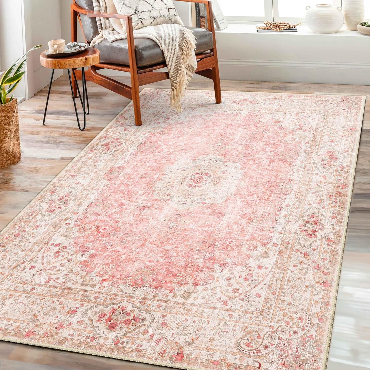 Pink Rug 3x5 - Washable Boho Vintage Area Rug for Home