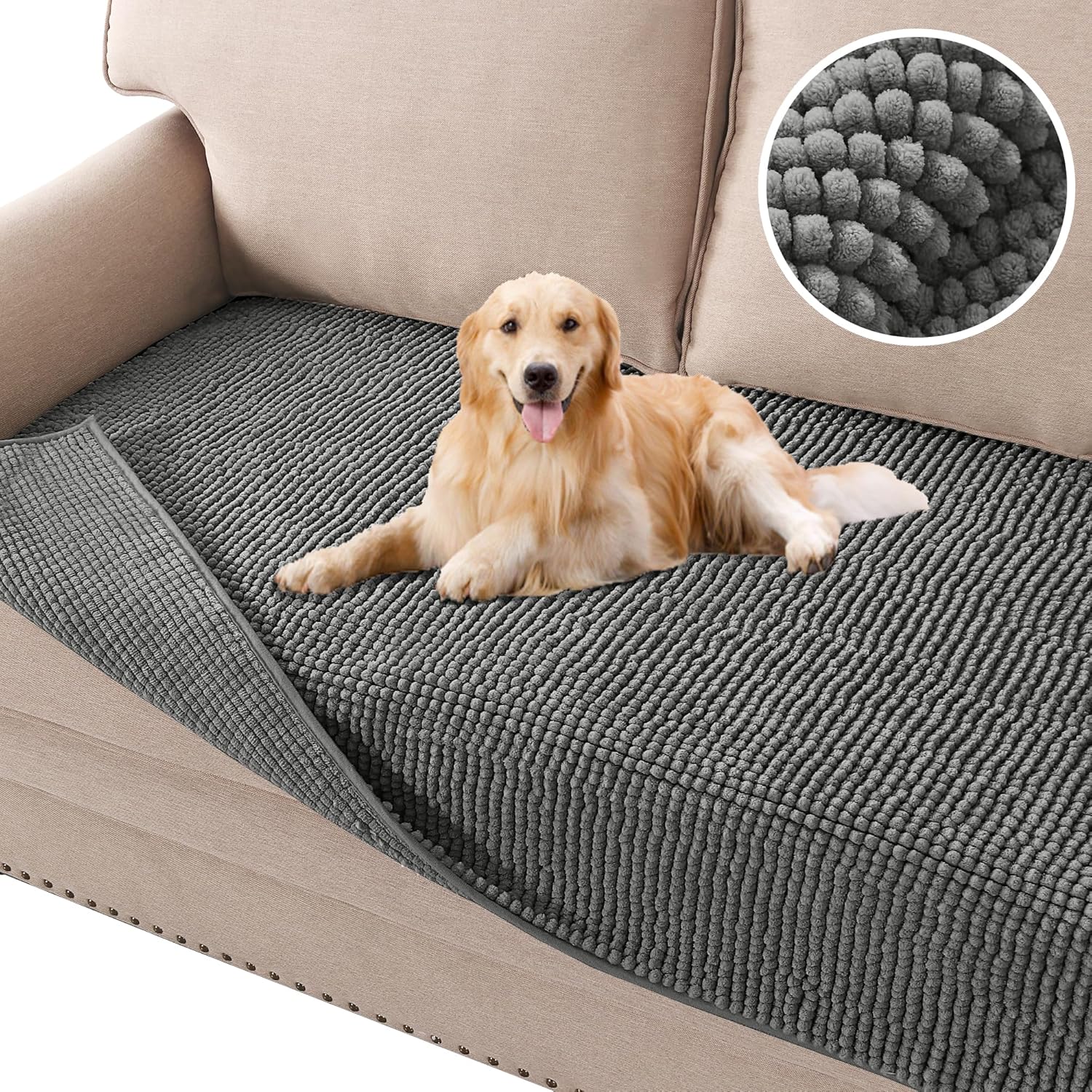 Plush Chenille Dog Bed Cover for 3 Cushion Couch - Grey