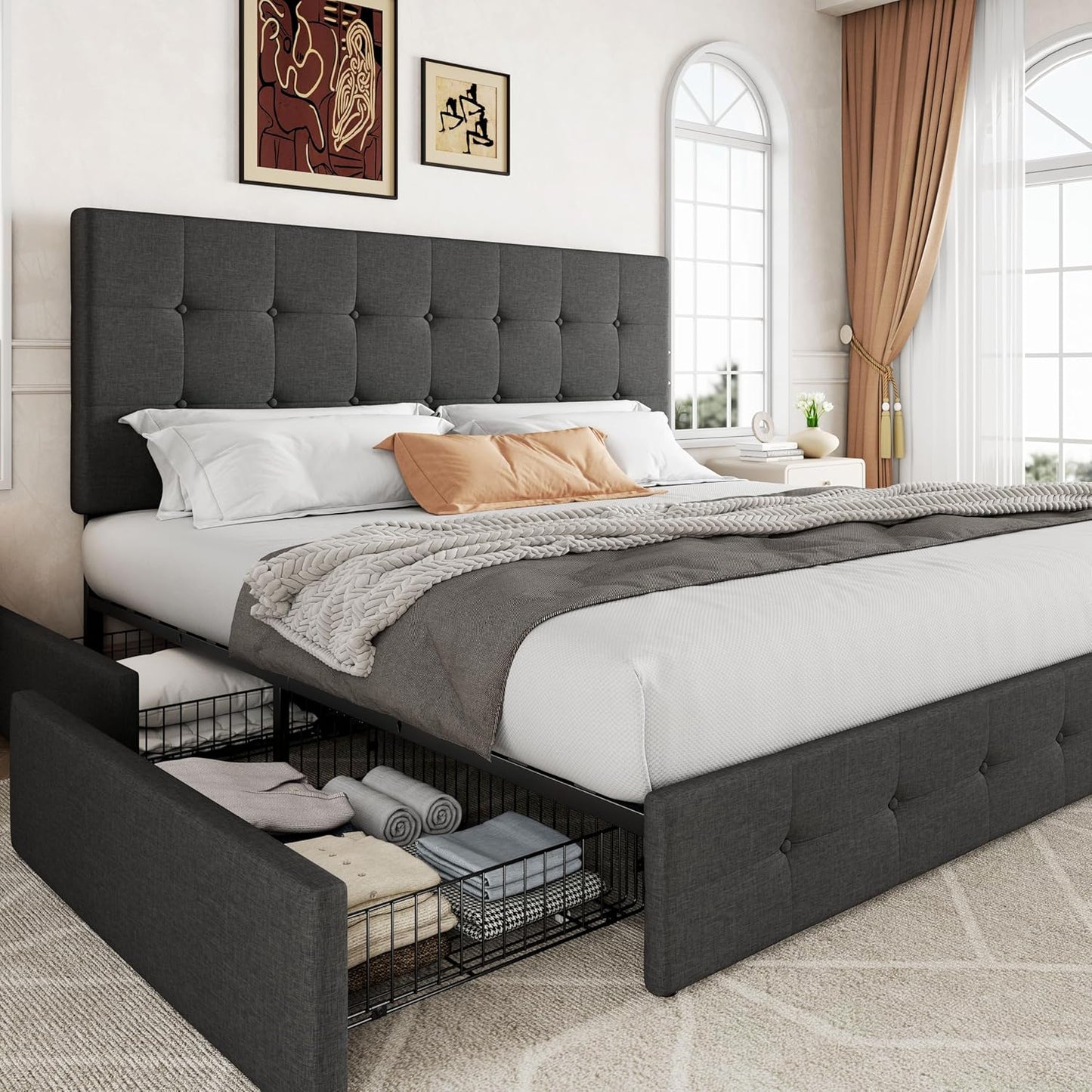 Allewie Upholstered King Size Platform Bed Frame with Storage