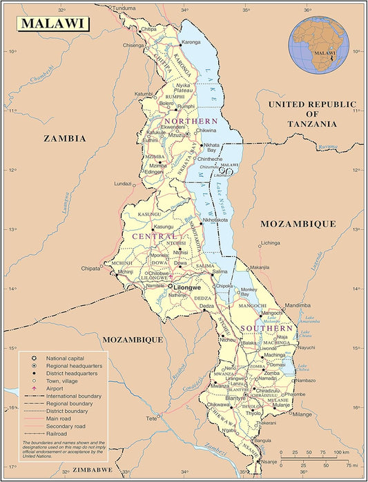 Large 24x31 Malawi Map Poster: Detailed Roads, Cities, Airports