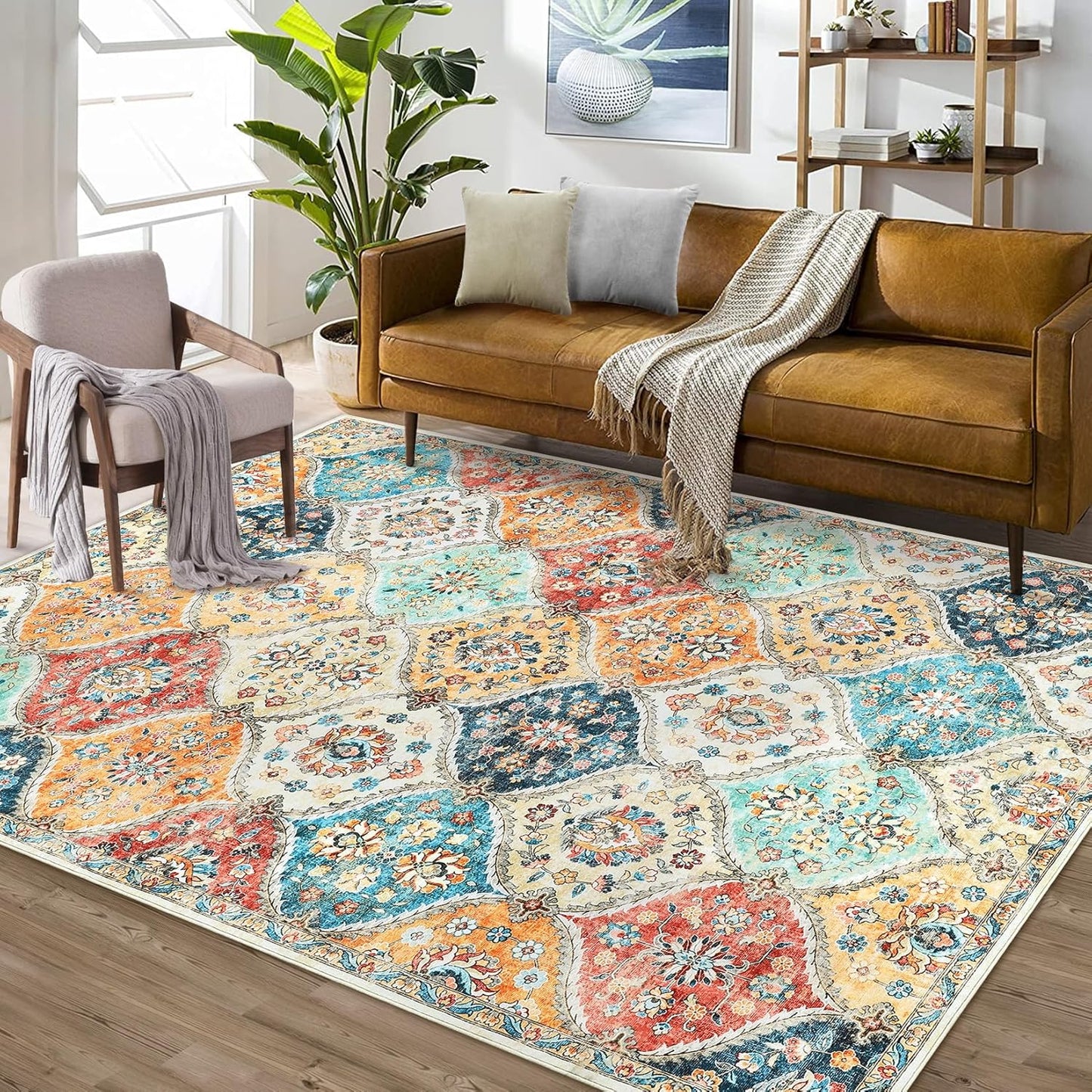 Washable Area Rug with Vintage Moroccan Design for Home Decor