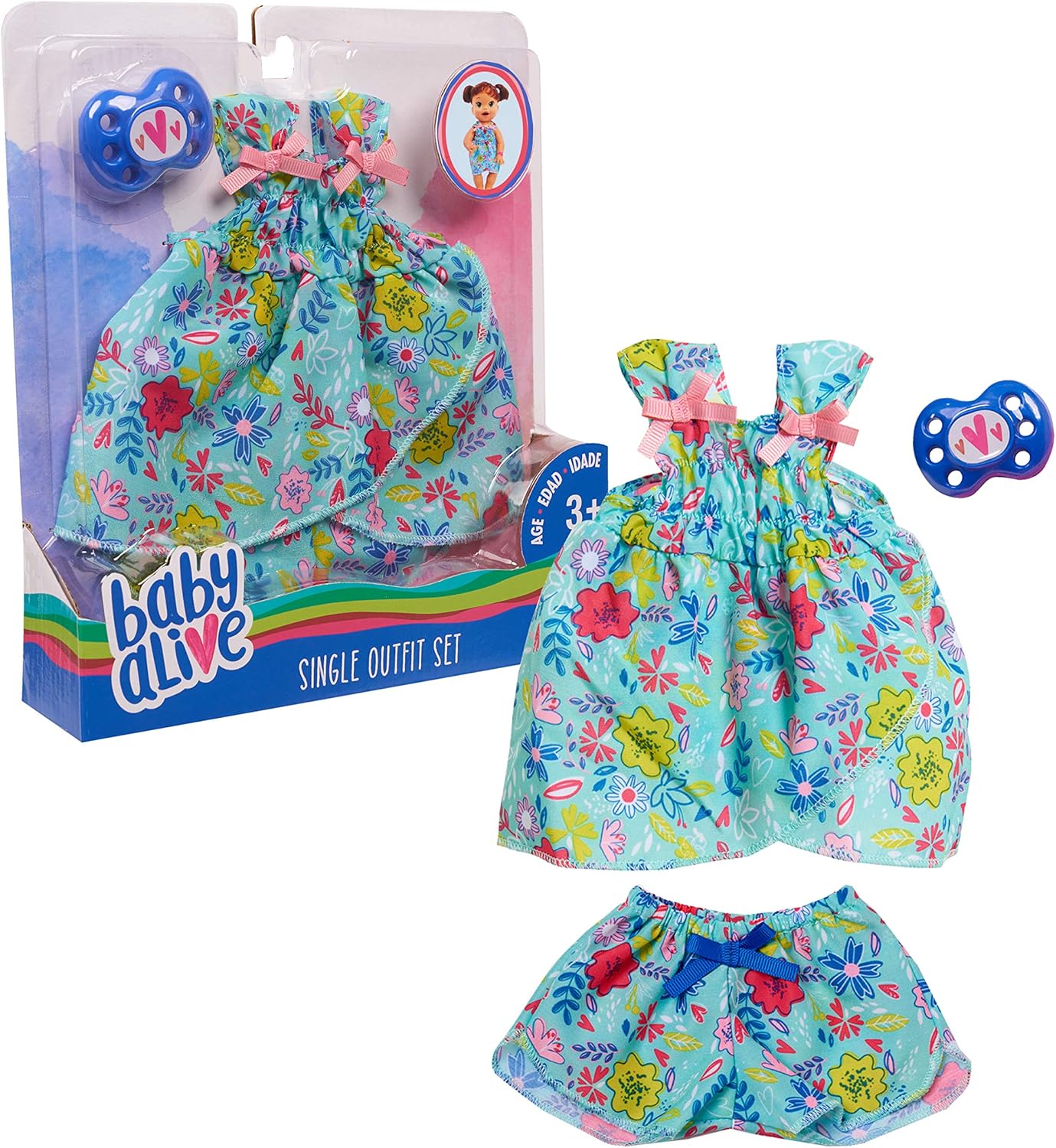 Teal Floral Baby Doll Outfit Set with Pacifier, Ages 3+, Just Play