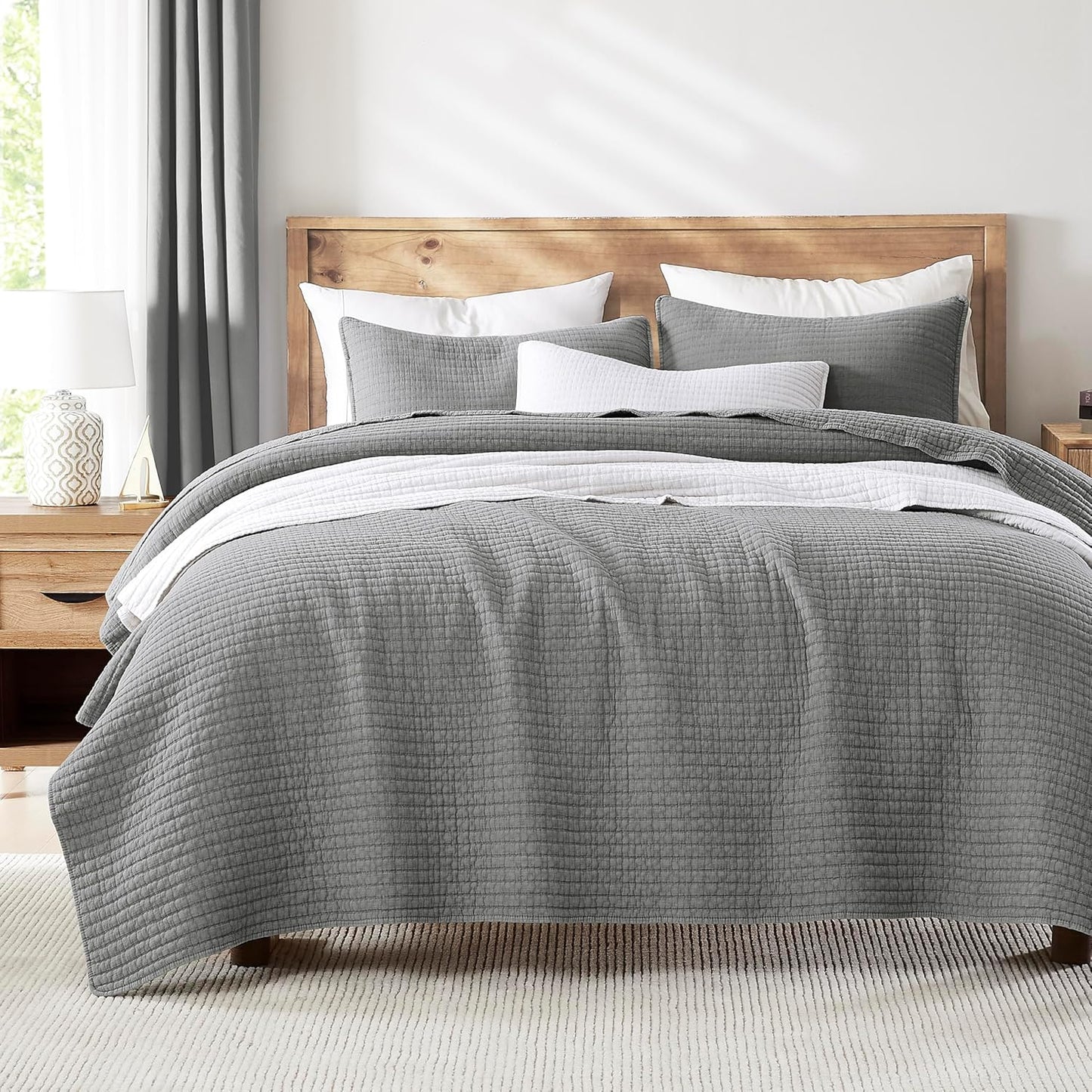 WDCOZY Grey King Size Quilt Set for Rustic Farmhouse Style
