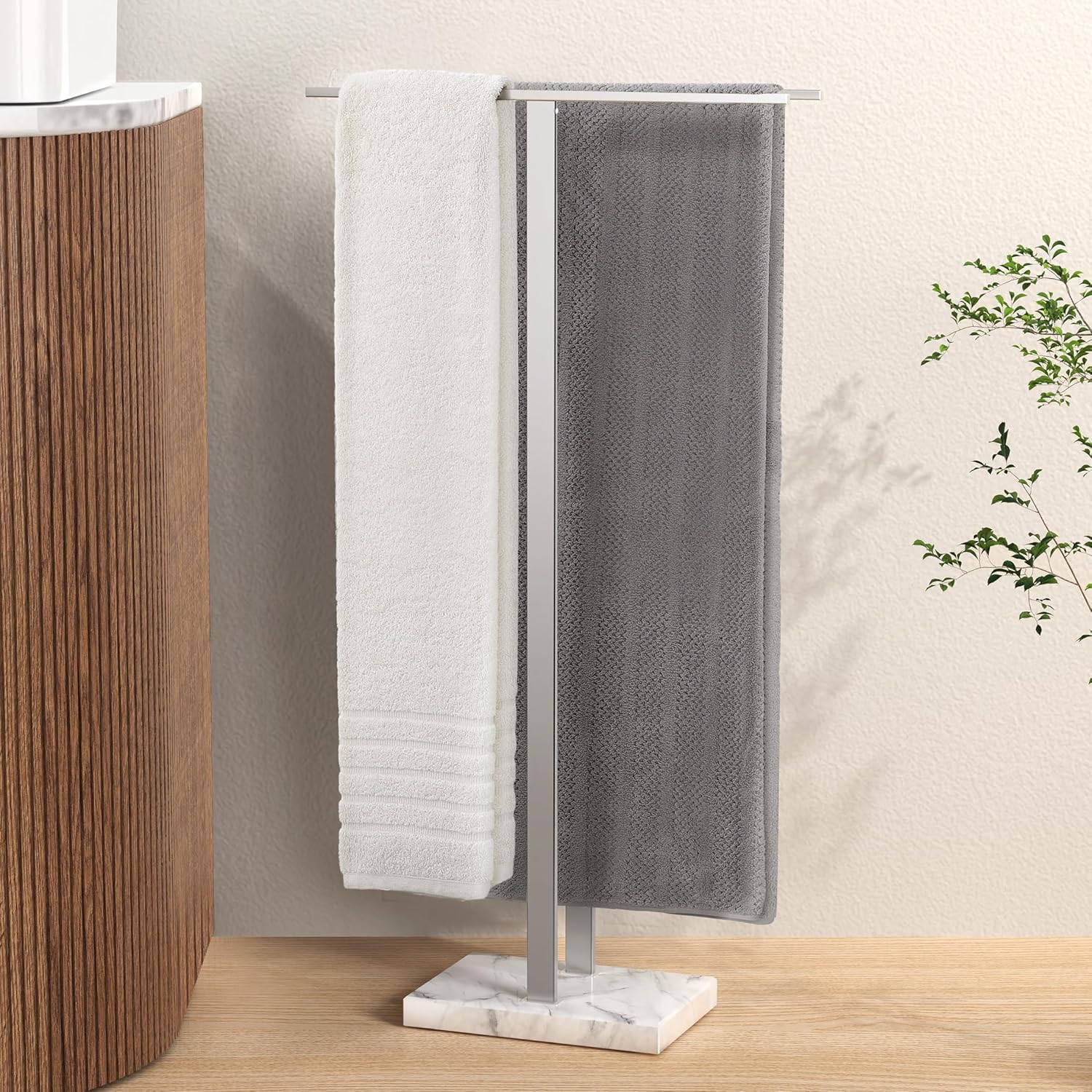KES Standing Towel Rack with Marble Base for Large Bath Towels