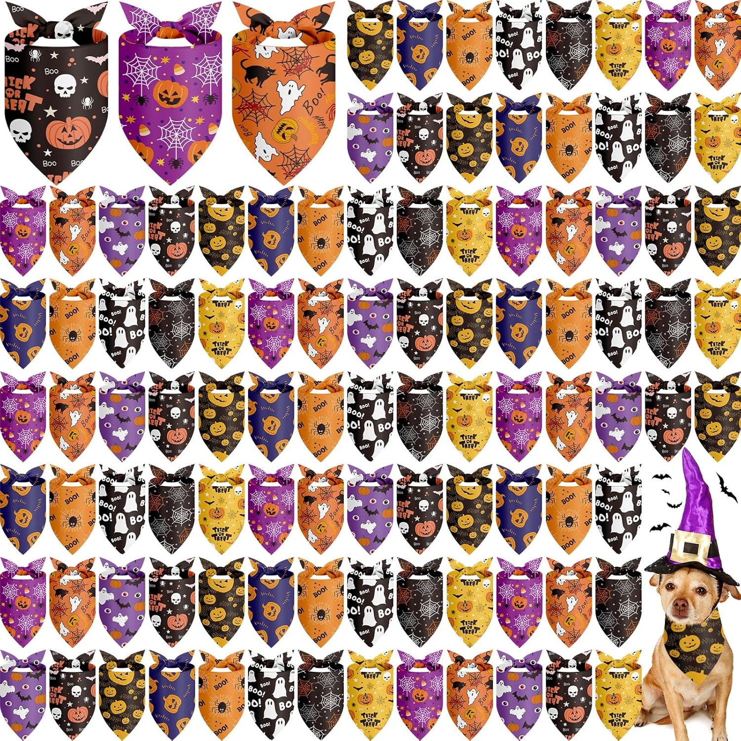 100 Pieces Halloween Dog Bandanas for Pets in Fun Designs