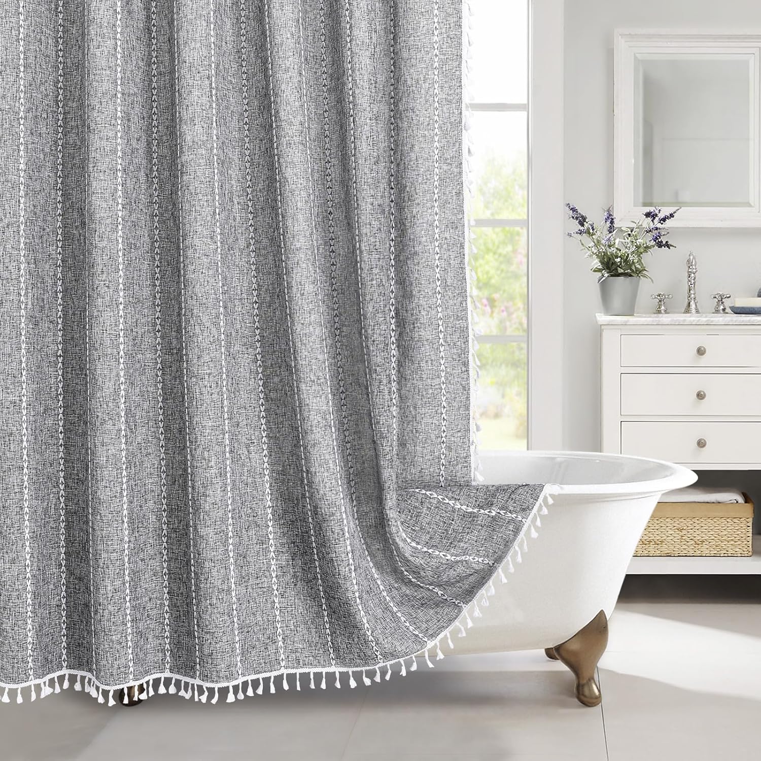 MitoVilla Dark Grey Boho Extra Long Shower Curtain for Farmhouse