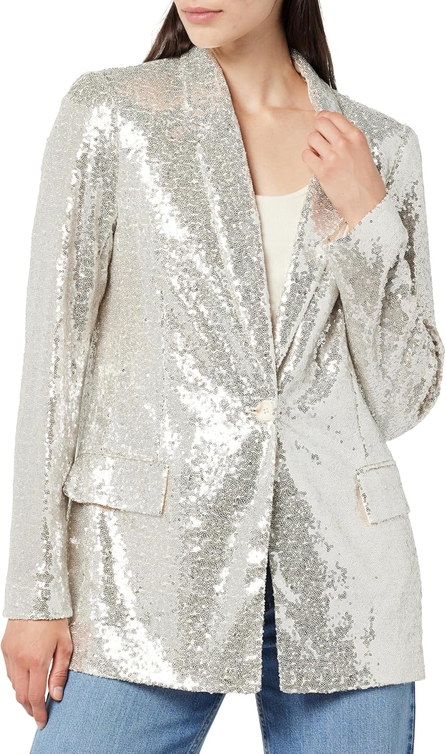 The Drop Women's Blake Long Blazer in Silver Sequins for Style