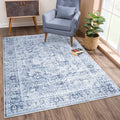 Washable Non-Slip 8 ft x 10 ft Rug - Ivory/Denim Blue Traditional