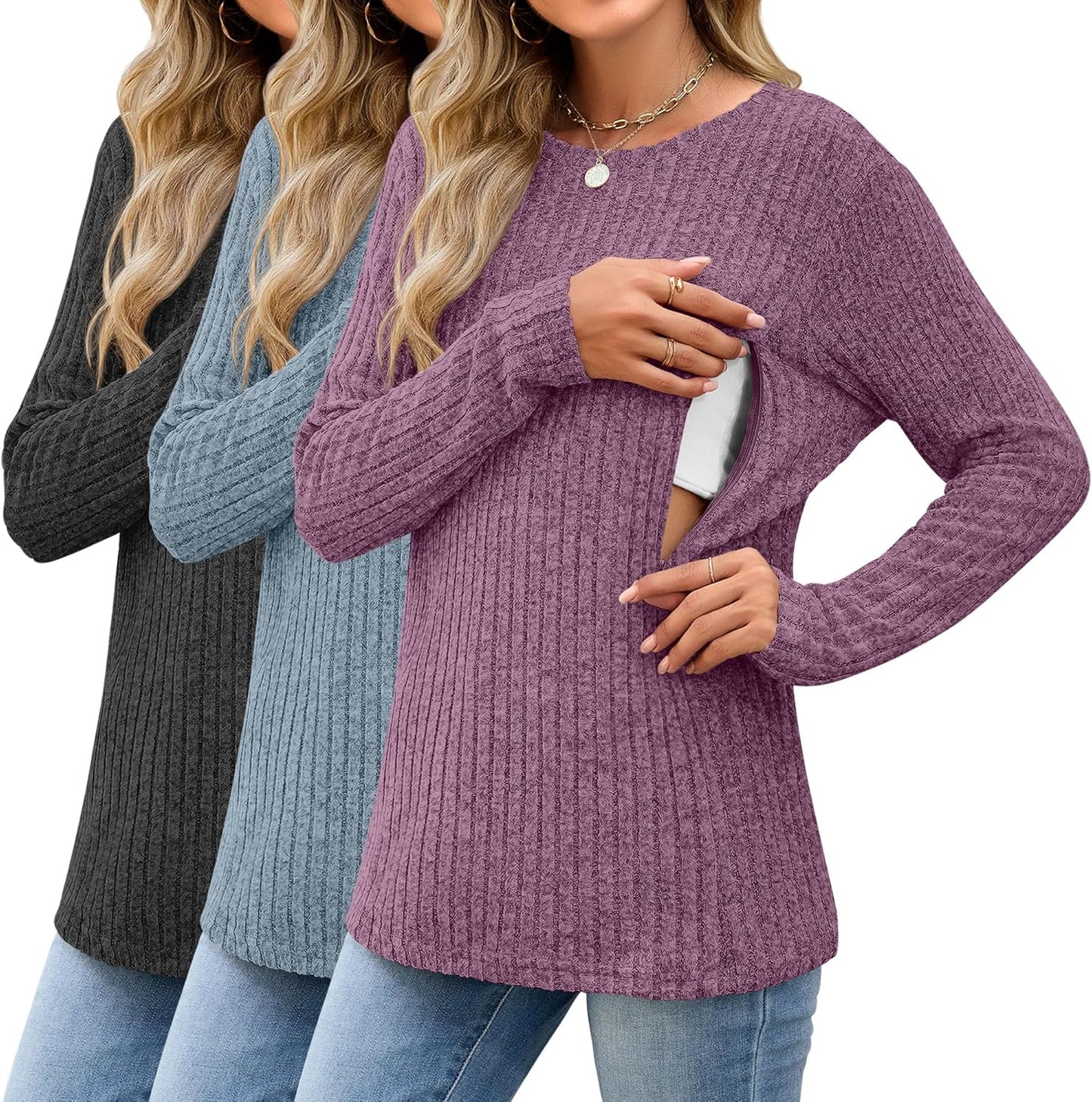 3 Pack Women's Nursing Long Sleeve Tops for Breastfeeding Comfort