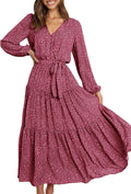 Womens Long Sleeve Floral Wrap Maxi Dress - Flowy Chiffon Style