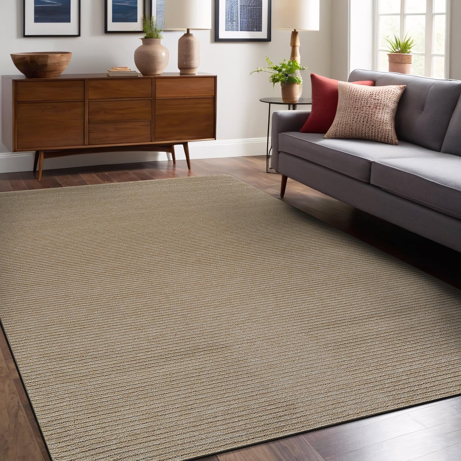 Non Slip Beige Solid Rubber Back Area Rug for Living Room 5x7