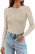 Womens Long Sleeve Crewneck Ribbed Knit Top - Slim Fitted Fall Tee