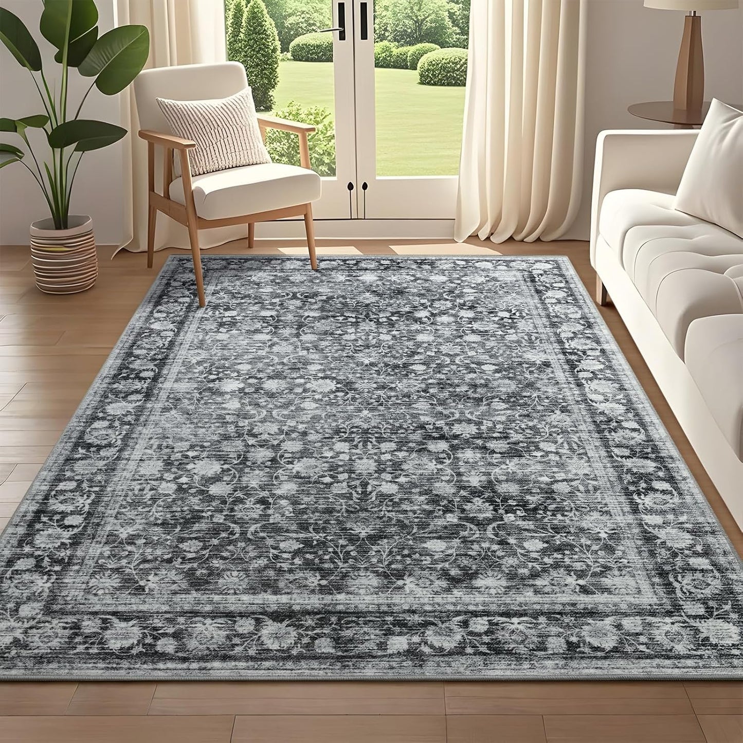 5x7 Washable Rug for Living Room - Vintage Floral Design