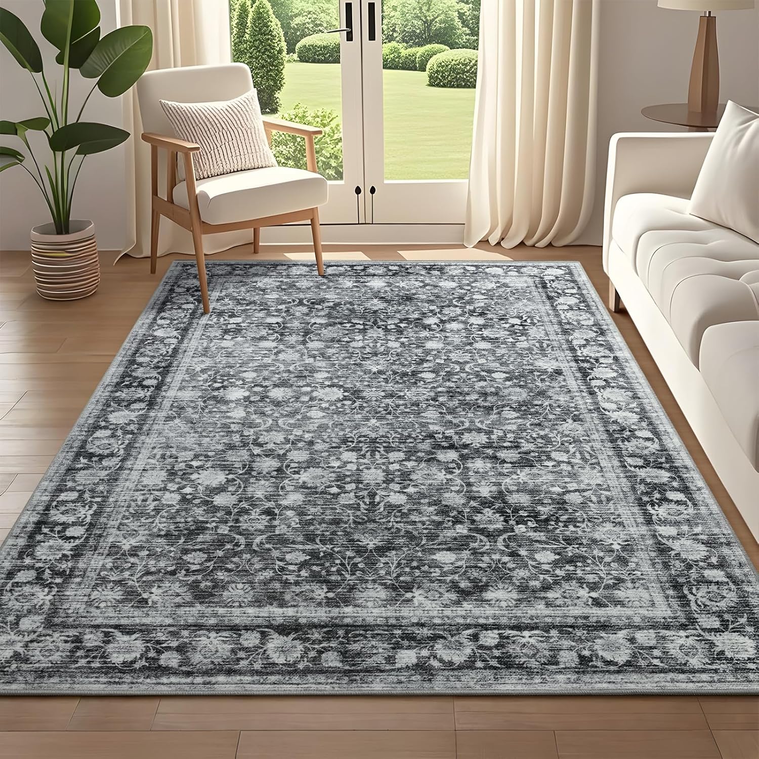 5x7 Washable Rug for Living Room - Vintage Floral Design