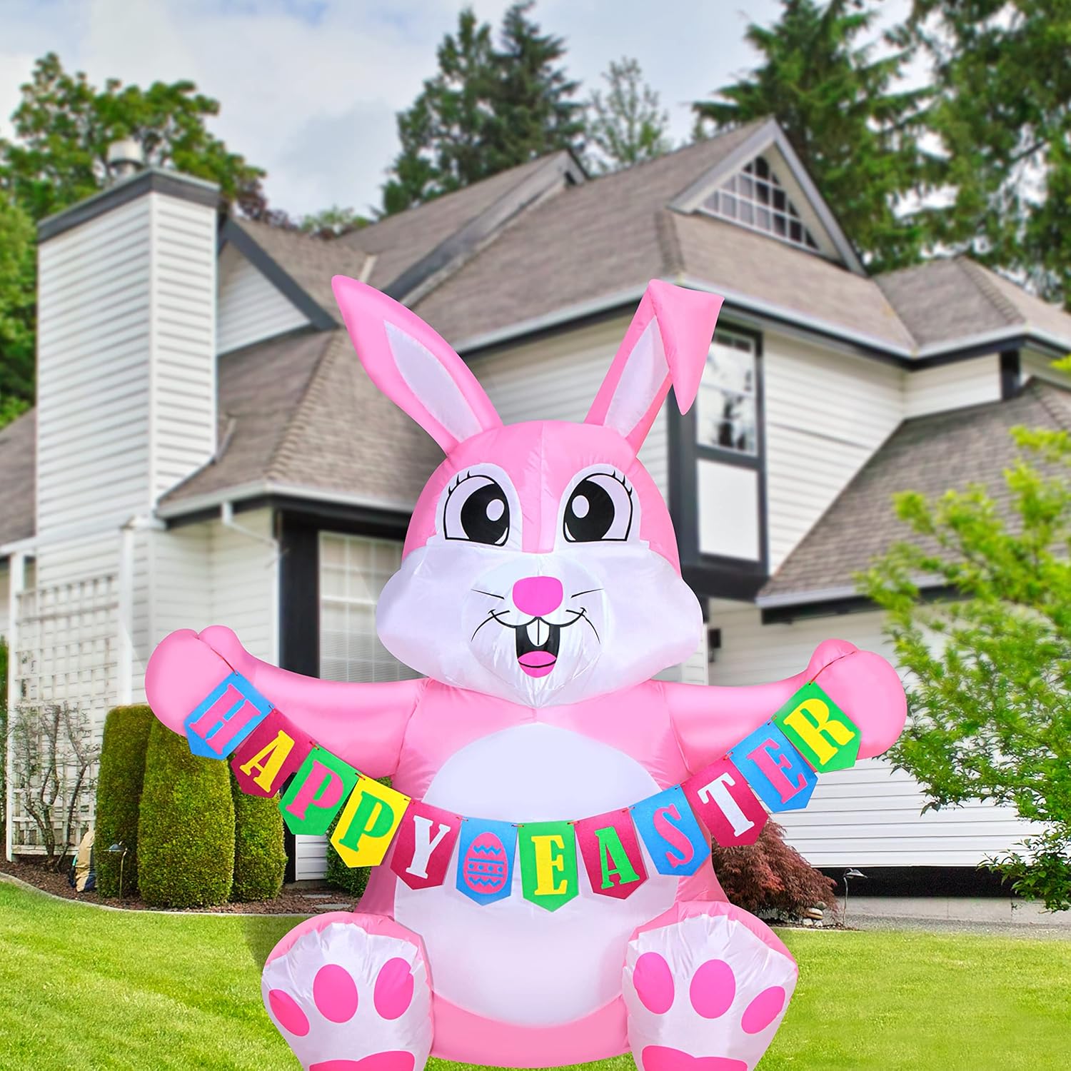 5 FT Easter Inflatable Pink Bunny with LED Lights for Yard Decor