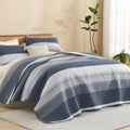 Litanika King Size Quilt Set Navy Blue Stripe Patchwork - Lightweight