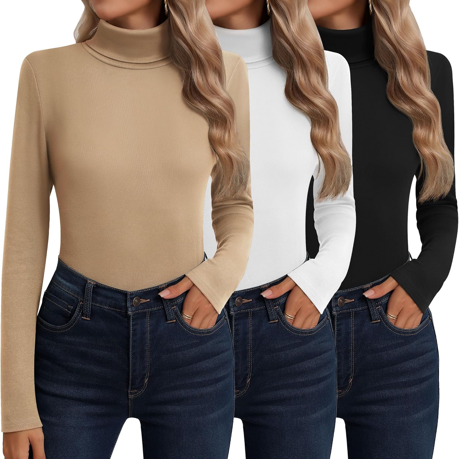 Neer 3 Pack Cotton Women's Turtleneck Long Sleeve Tops