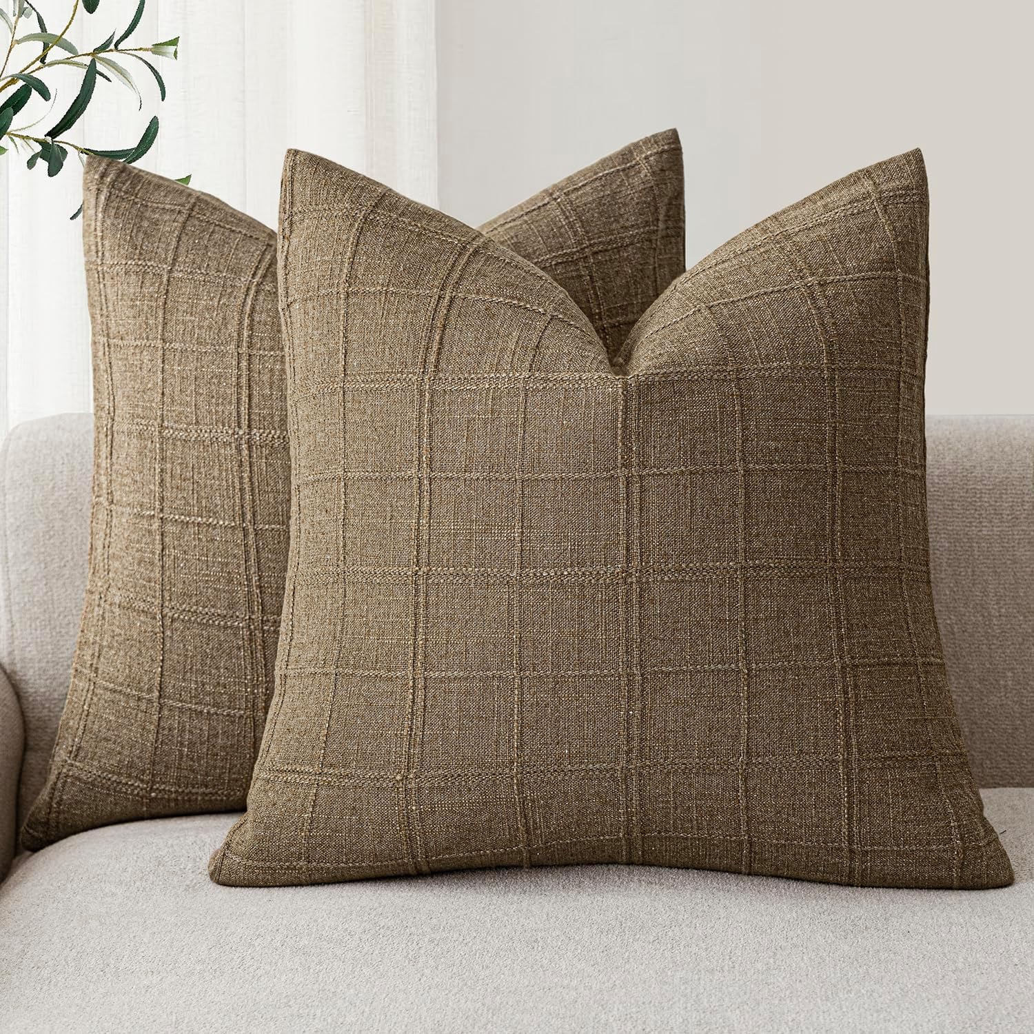 Foindtower Decorative Linen Check Throw Pillow Covers Set of 2