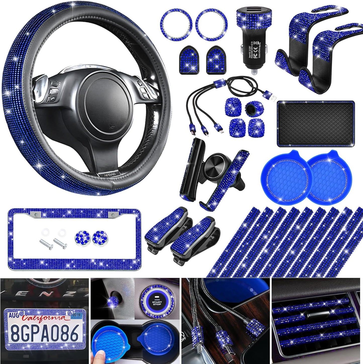Bling Diamond Car Accessories Set for Women - 30 PCS Kit