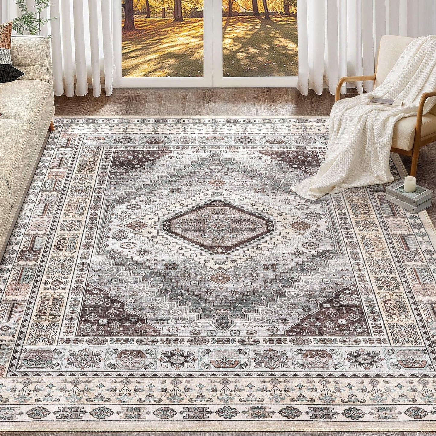 5x7 Washable Boho Area Rug for Living Room and Bedroom