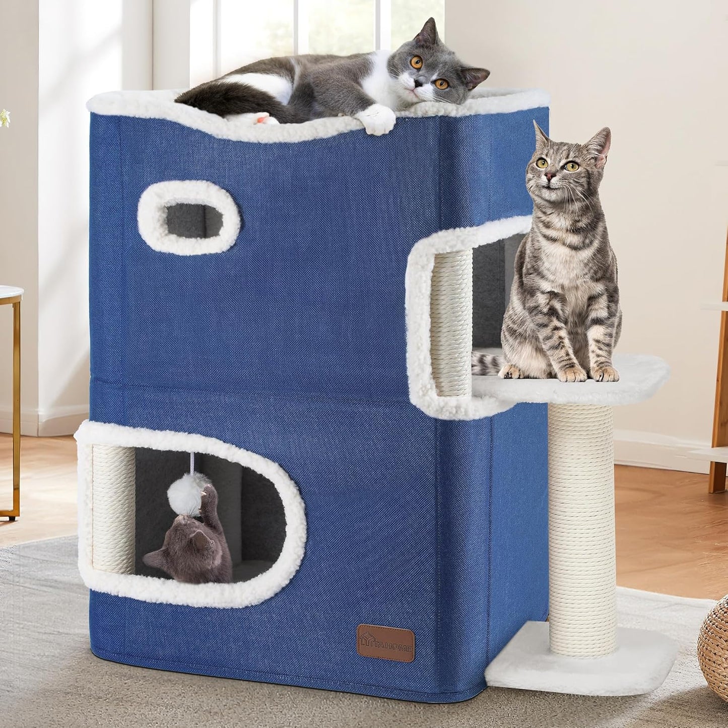 2-Tier Cat House for Indoor Cats with Scratch Pad and Cave