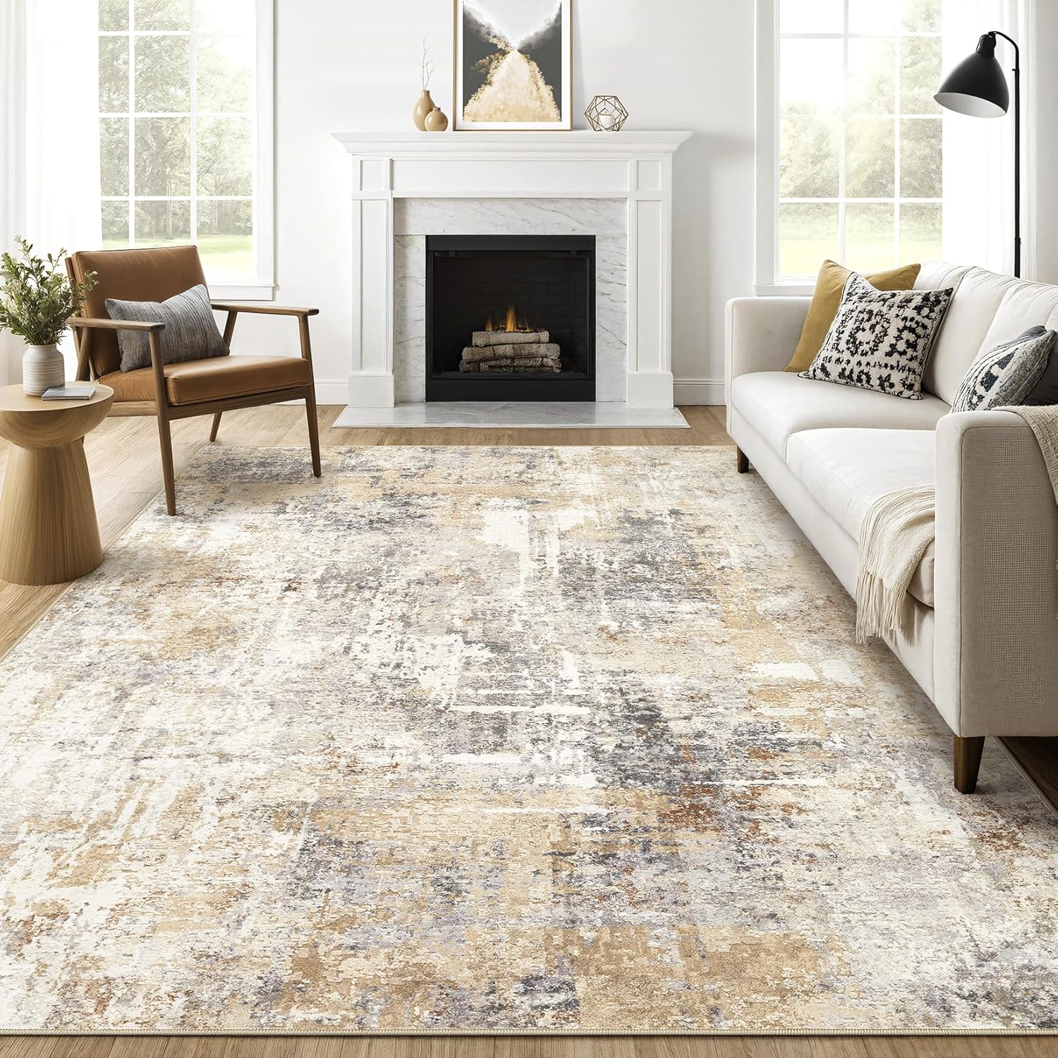 7x9 Area Rug Living Room: Soft Abstract Modern Non Slip Carpet