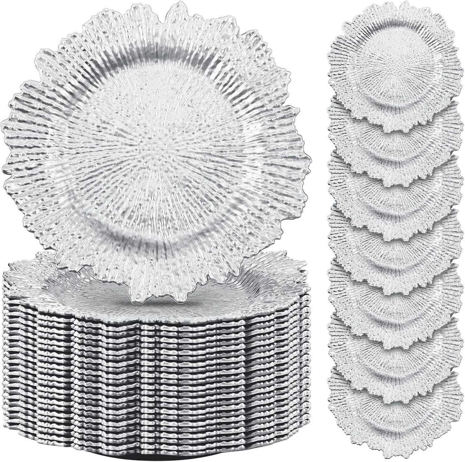 50 Pcs Silver Floral Reef Charger Plates - Elegant Table Setting Essential!