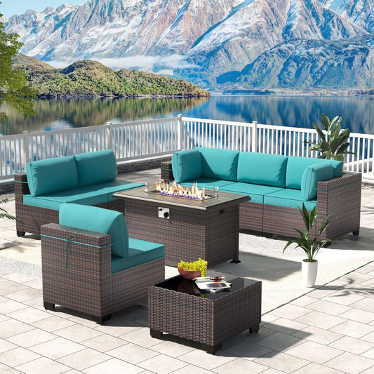 Kullavik 8 Pieces Outdoor Patio Furniture Set with Fire Pit