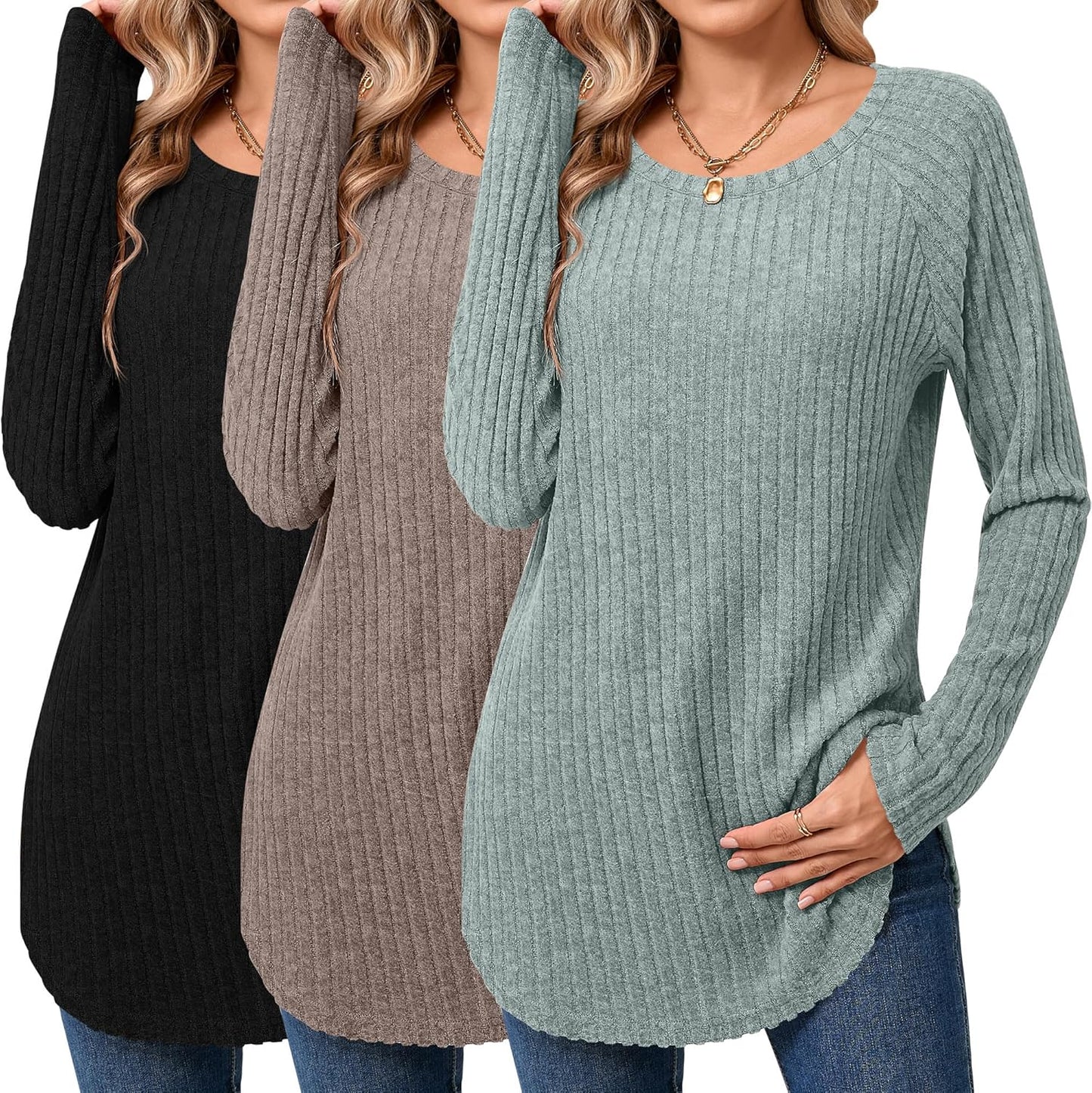 Ficerd Women's Curved Hem Long Sleeve Sweaters - 3 Pack Tunics